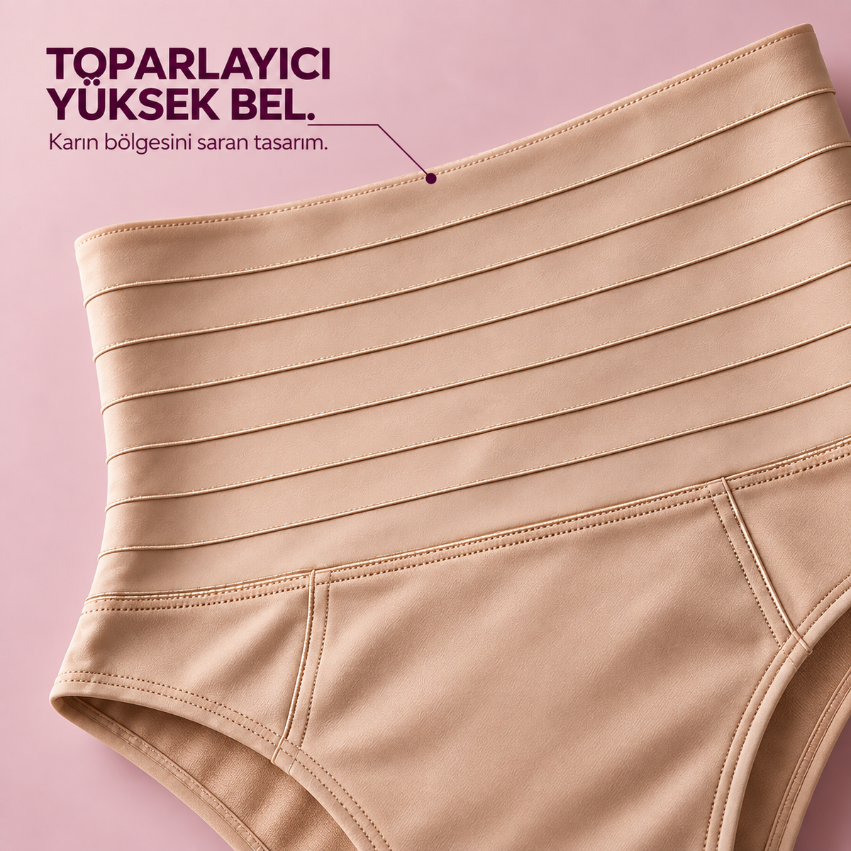 Ürünün katmanlı yüksek bel bandı ve dikiş detayının yakın görünümü